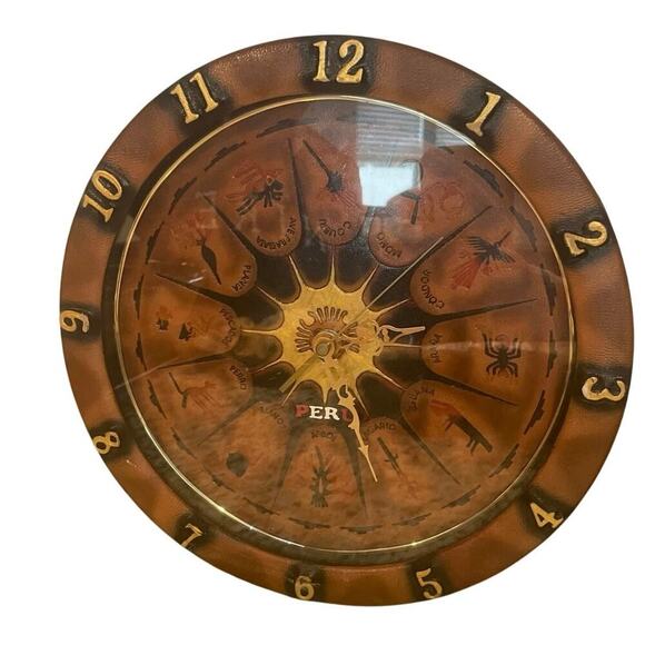 VTG CLOCK LEATHER WALL PERUVIAN NAZCA LINES BOHO RUSTIC RARE - Picture 7 of 10